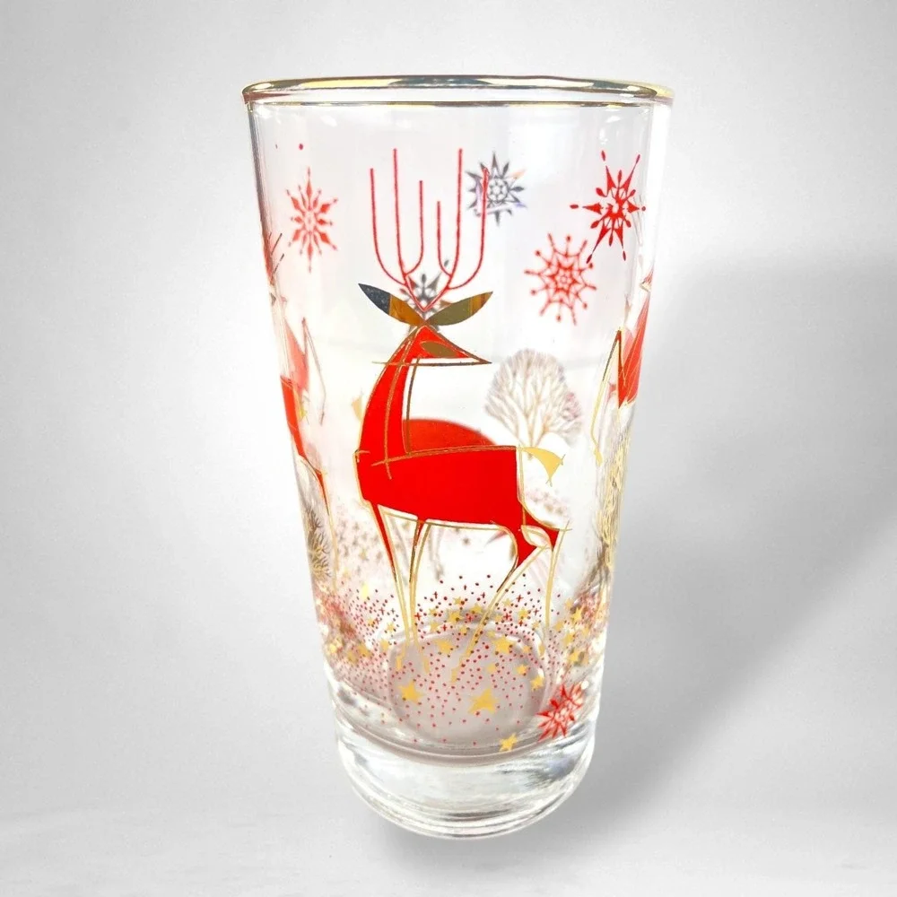 Libbey Mid Century Christmas Deer Highball Glasses SET of 6 with 22k Gold Rim